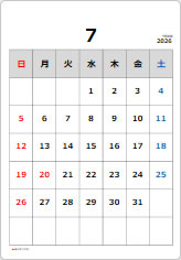 2026年カレンダー７月の貼り紙画像